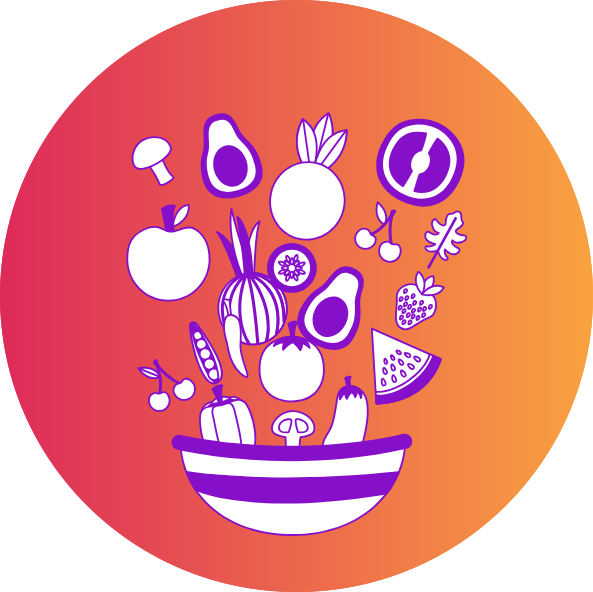Cartoon-style of Fresh produce in a bowl with the produce "floating" out of the bowl to display the variety of food.