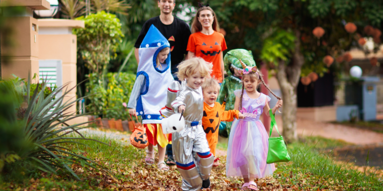 A group of kids trick or treating